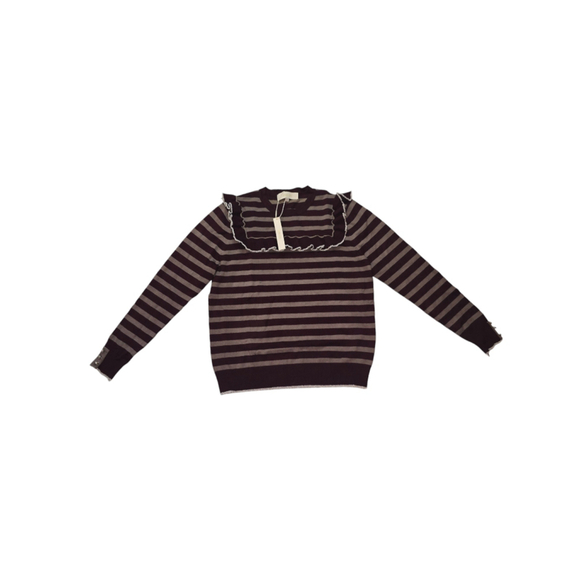 Cameo Sweaters - Women's Chee-cho Ruffle Ribbed Sweater Burgundy Gray Striped SZ L